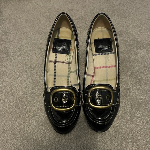 Coach Shoes - Coach Black Patent Leather heeled with gold buckle